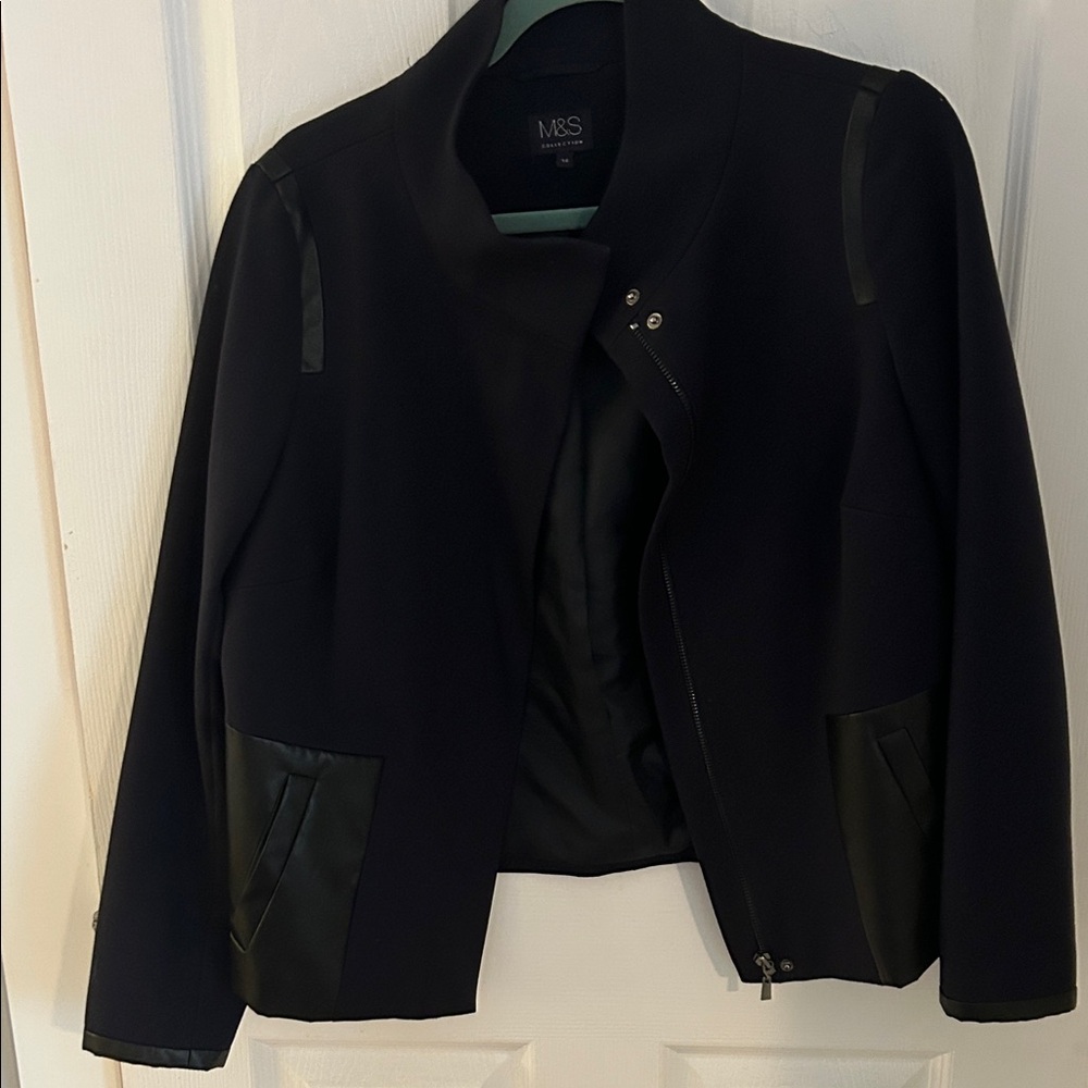 Marks & Spencer Black Women's Navy Jacket with Leather Accents